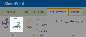 Location of the Check In button in the ribbon.