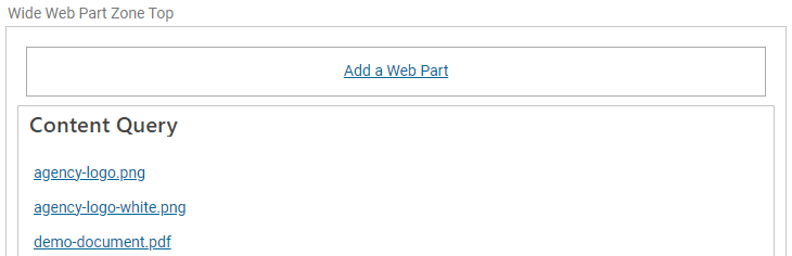 A content query web part added to a page, showing the title 'Content Query'.