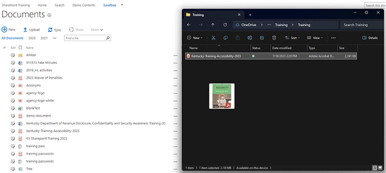 Browser window with documents page open behind a file explorer with file being dragged.
