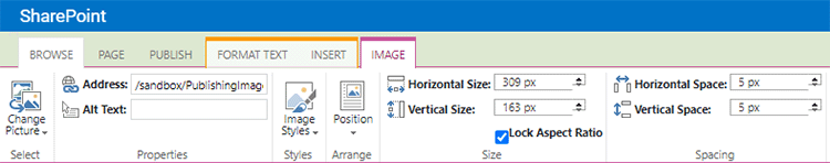 The Image controls available in the ribbon after clicking on an image in the page.