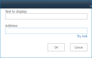Window used to create a new link, showing the text to display and the link URL.
