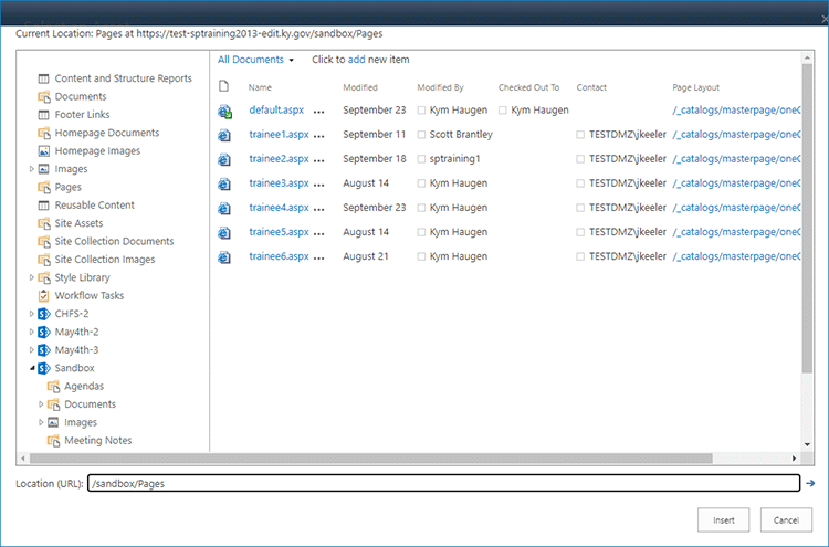 Window showing site contents tree view on the left and contents of the selected section on the right.