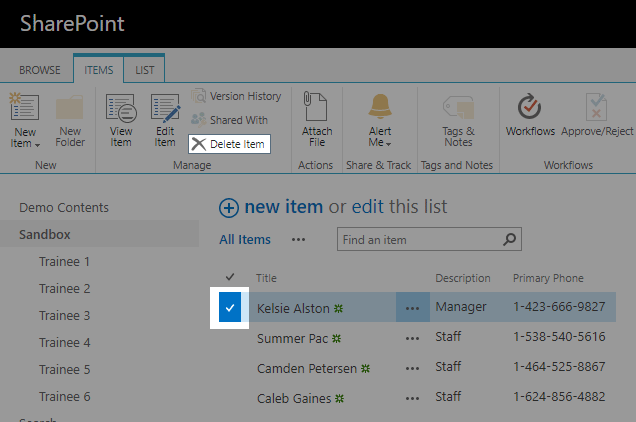 Screenshot of a list item with the checkbox marked and delete item button highlighted.