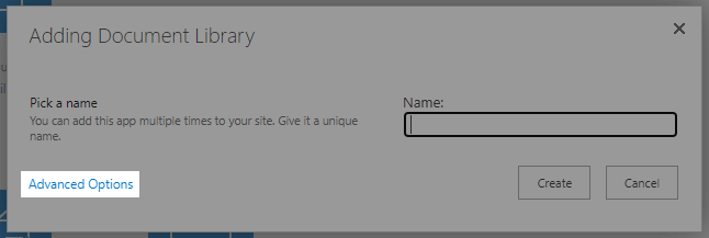 Screenshot of the new folder window with the Advanced Options link highlighted.