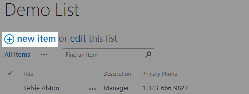 Screenshot of a demo list with the New Item button highlighted.