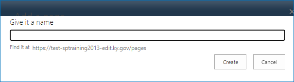 New page window with a text field to enter a page name