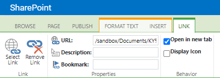 Link options in the ribbon.