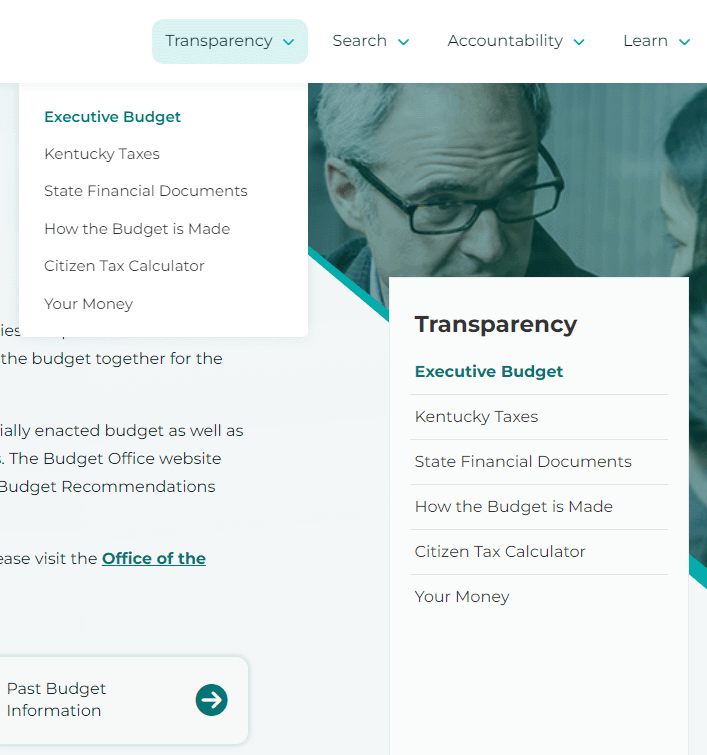 The Transparency site with the top navigation open, showing duplicate links in the side nav and the dropdown.