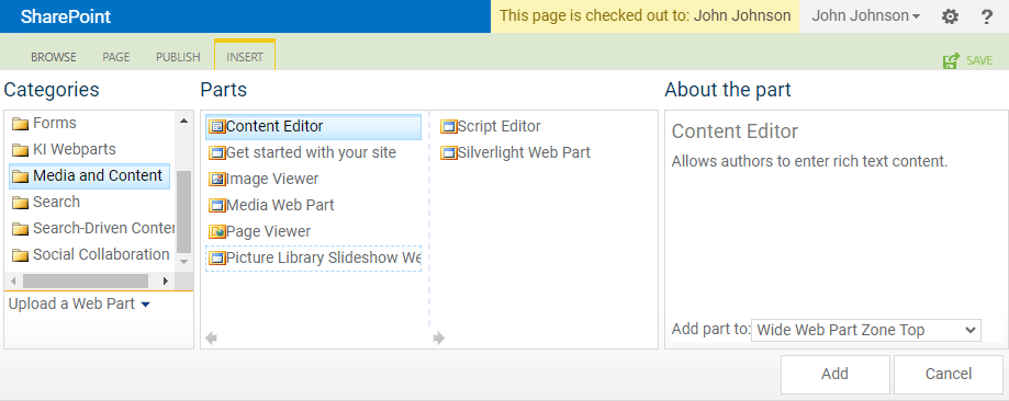 The web part selector panel open with the Content Editor chosen.