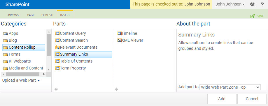 The web part selector panel open with the Summary Links chosen.