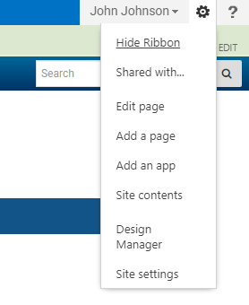 The Site Actions Gear button clicked with the menu options showing.