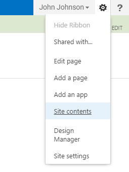 The Site Actions Gear button with the Site contents option selected.
