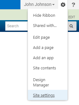 The Site Actions Gear button clicked with the site settings link highlighted.