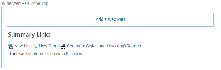 A web part zone with a summary links web part added.