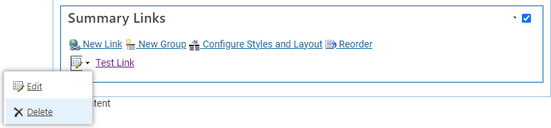 A Summary Links link with the edit dropdown open and the delete option highlighted.