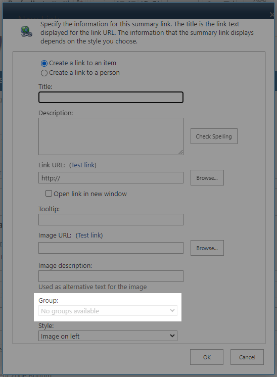 A Summary Links new link window with the Style field highlighted.