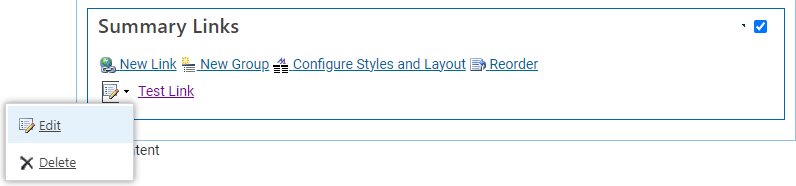 A Summary Links link with the edit dropdown open and the edit option highlighted.