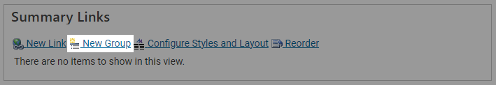 A Summary Links toolbar with the 'New Group' link highlighted.