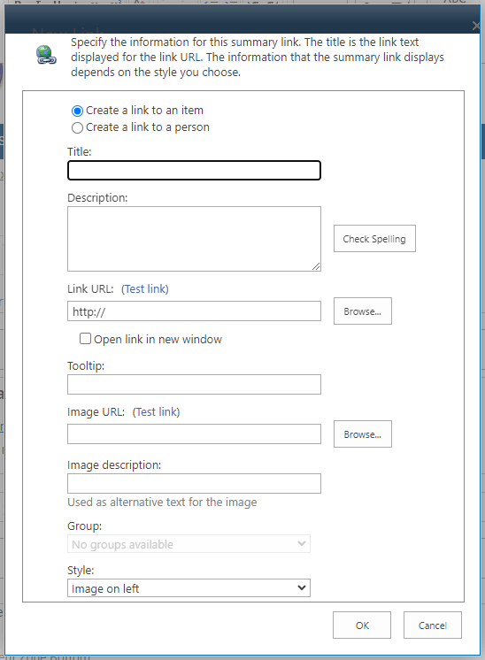 A Summary Links new link window with form fields to create a new link.