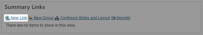 A Summary Links toolbar with the 'New link' link highlighted.
