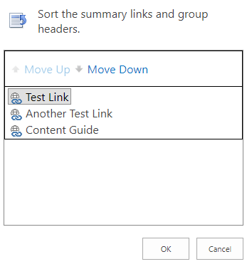 A Summary Links reorder window showing the links in this web part.
