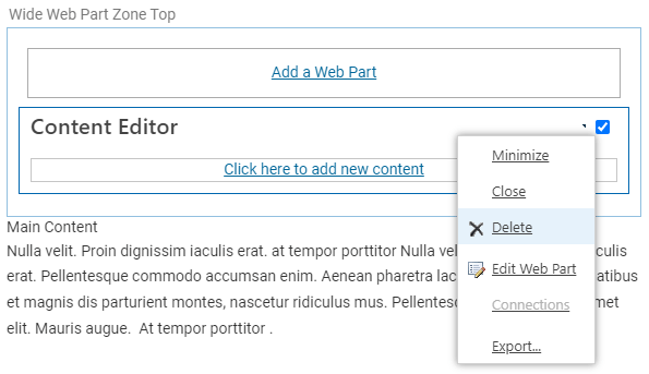 A web part with the edit drop down open and the delete option highlighted.