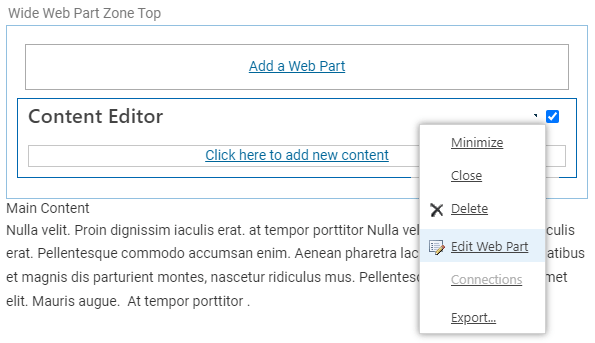 A web part with the edit drop down open and the edit option highlighted.