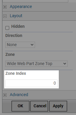 A web part properties panel highlighting the zone index setting.