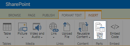The insert tab in the ribbon with the web part button highlighted.