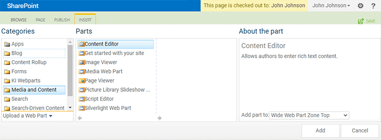 The web part selector panel open with the Content Editor chosen.