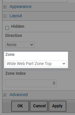 A web part properties panel highlighting the zone setting.