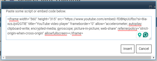 A script editor web part box with some embed code added and an Insert button to add code.