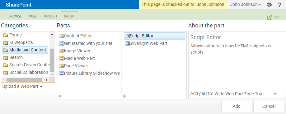 The web part selector panel open with the SCript Editor chosen.